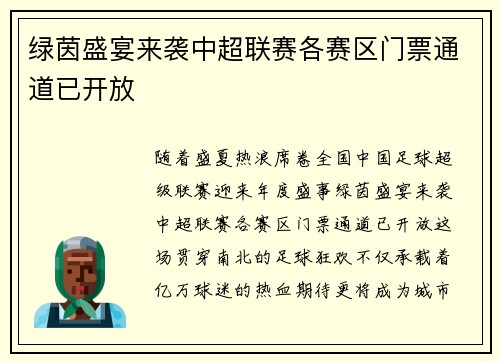 绿茵盛宴来袭中超联赛各赛区门票通道已开放
