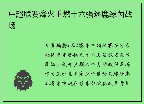 中超联赛烽火重燃十六强逐鹿绿茵战场