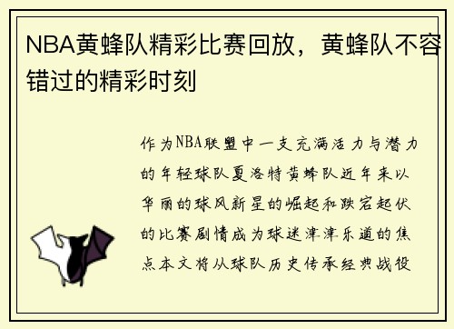 NBA黄蜂队精彩比赛回放，黄蜂队不容错过的精彩时刻